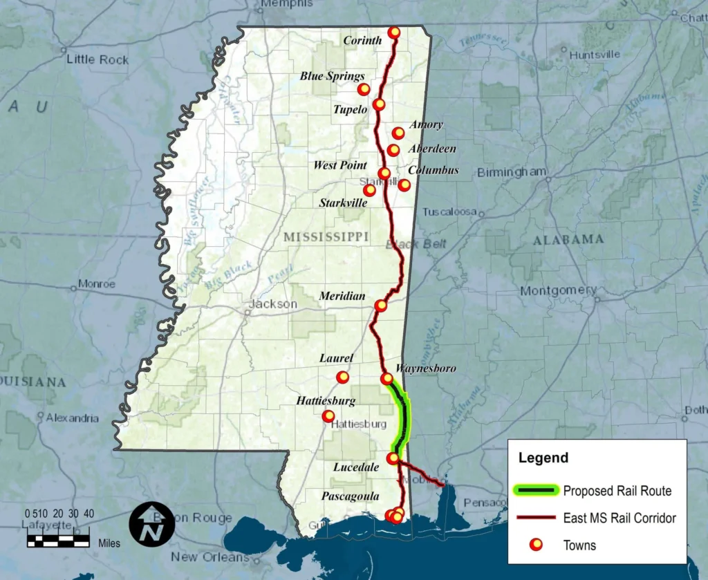 Map of proposed MS rail expansion, used by fack-law.com to show the 3 Gulf States' regional connectivity and development.