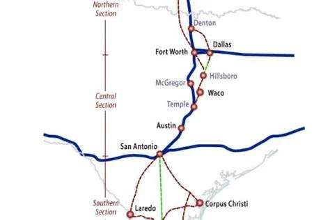 Map for I-35 Texas corridor high speed rail, used by fack-law.com to show the 3 Gulf States' regional connectivity and development.