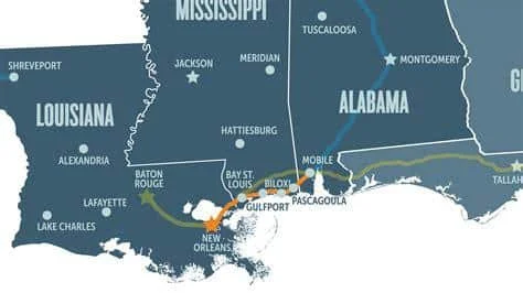 Map for Gulf Coast high speed rail, used by fack-law.com to show the 3 Gulf States' regional connectivity and development.
