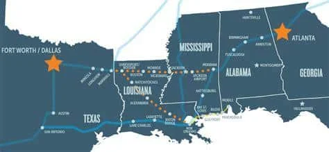 Map for Gulf States high speed rail, used by fack-law.com to show the 3 Gulf States' regional connectivity and development.