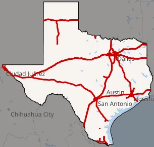 Map of the Texas Interstate Corridors, used by the fack-law.com to show the 3 Gulf States' regional connectivity.