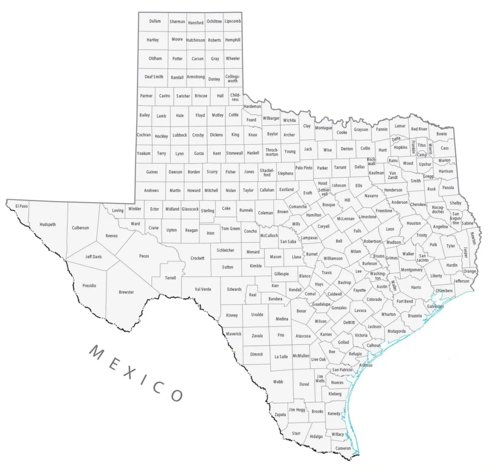 Map of Texas counties, used by fack-law.com to show the 3 Gulf States' regional development.