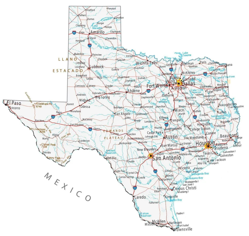 Map of Texas Interstates, used by fack-law.com to show the 3 Gulf States' regional connectivity.