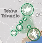 Map of the Texas Triangle Megaregion, used by fack-law.com to show the 3 Gulf States' regional connectivity and development.