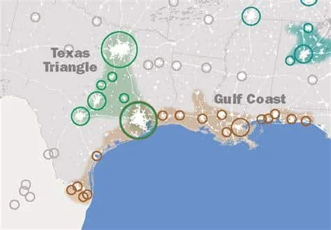 Map of the TX Triangle & Gulf Coast megaregions, used by fack-law.com to show the 3 Gulf States' regional connectivity and development.