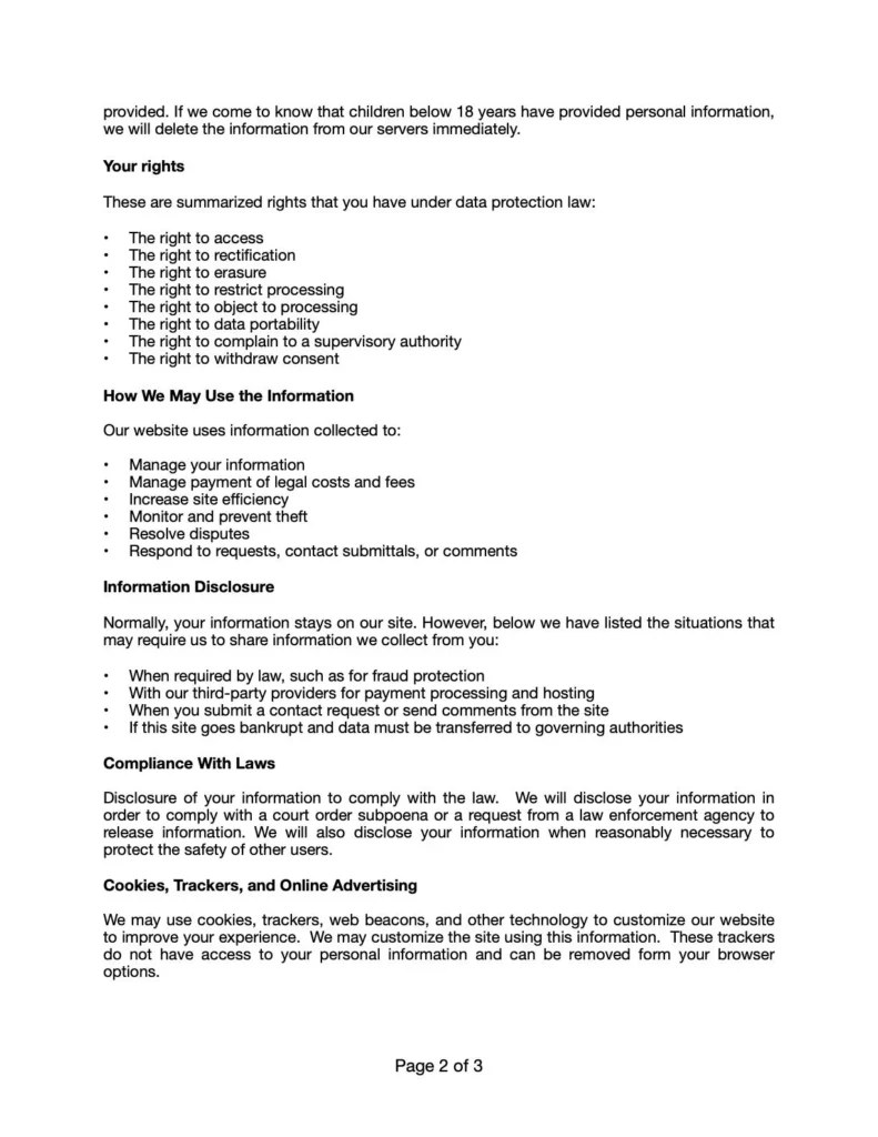 Privacy Policy, pg. 2, fack-law.com