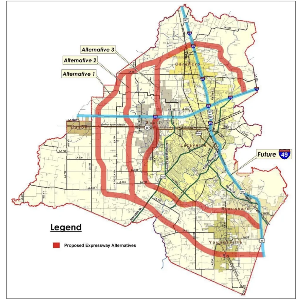 Map of proposed western loop, Lafayette, LA, used by fack-law.com to show the 3 Gulf States' regional connectivity and development.