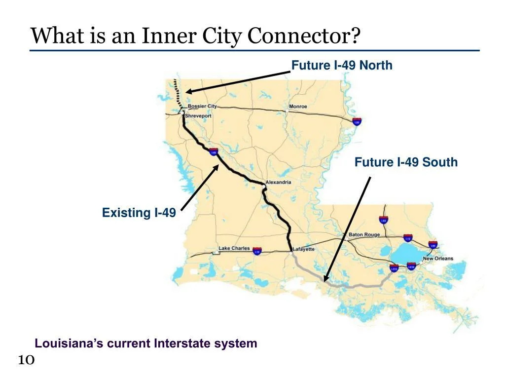 Map of I-49 System in LA, existing and future, used by fack-law.com to show the 3 Gulf States' regional connectivity and development.
