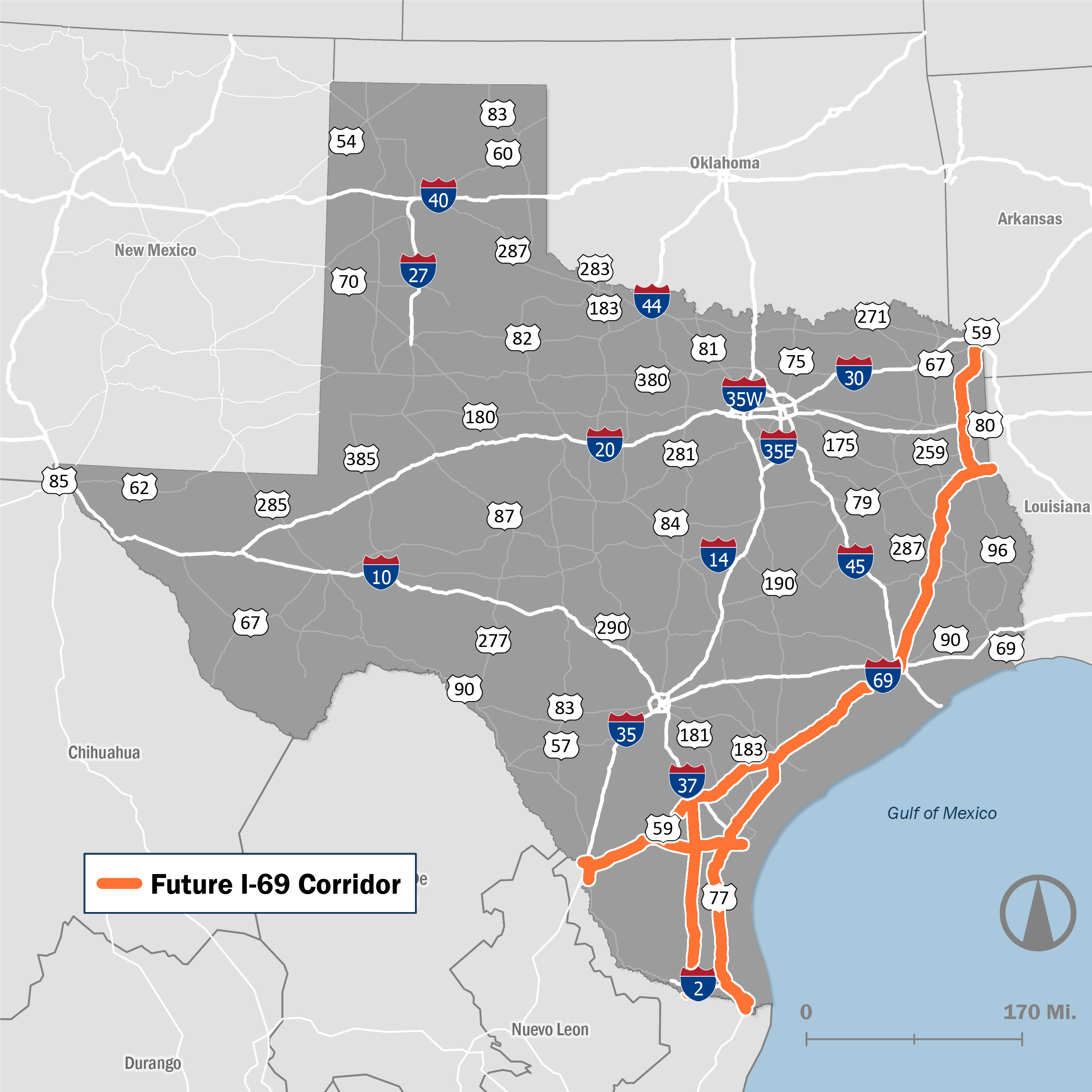 I-69 Texas corridor used by fack-law.com to show 3 Gulf States' regional development and connectivity.