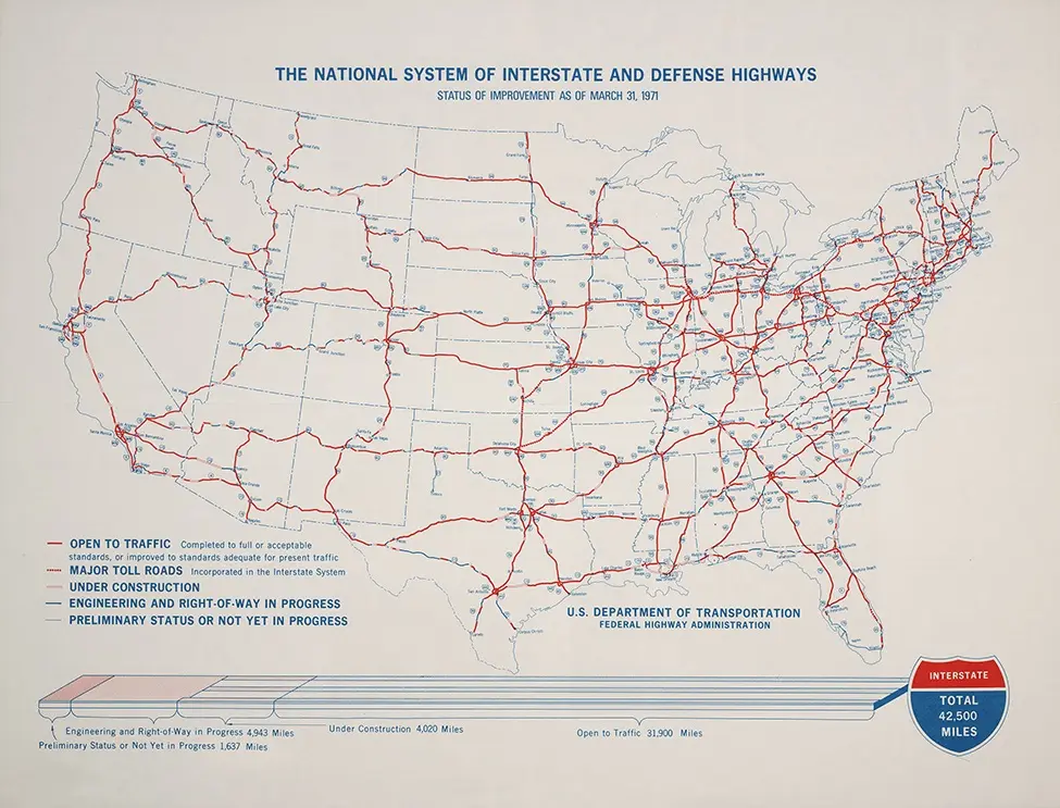 1971 map of the United States Interstate System used by fack-law.com to show the 3 Gulf States' regional connectivity.